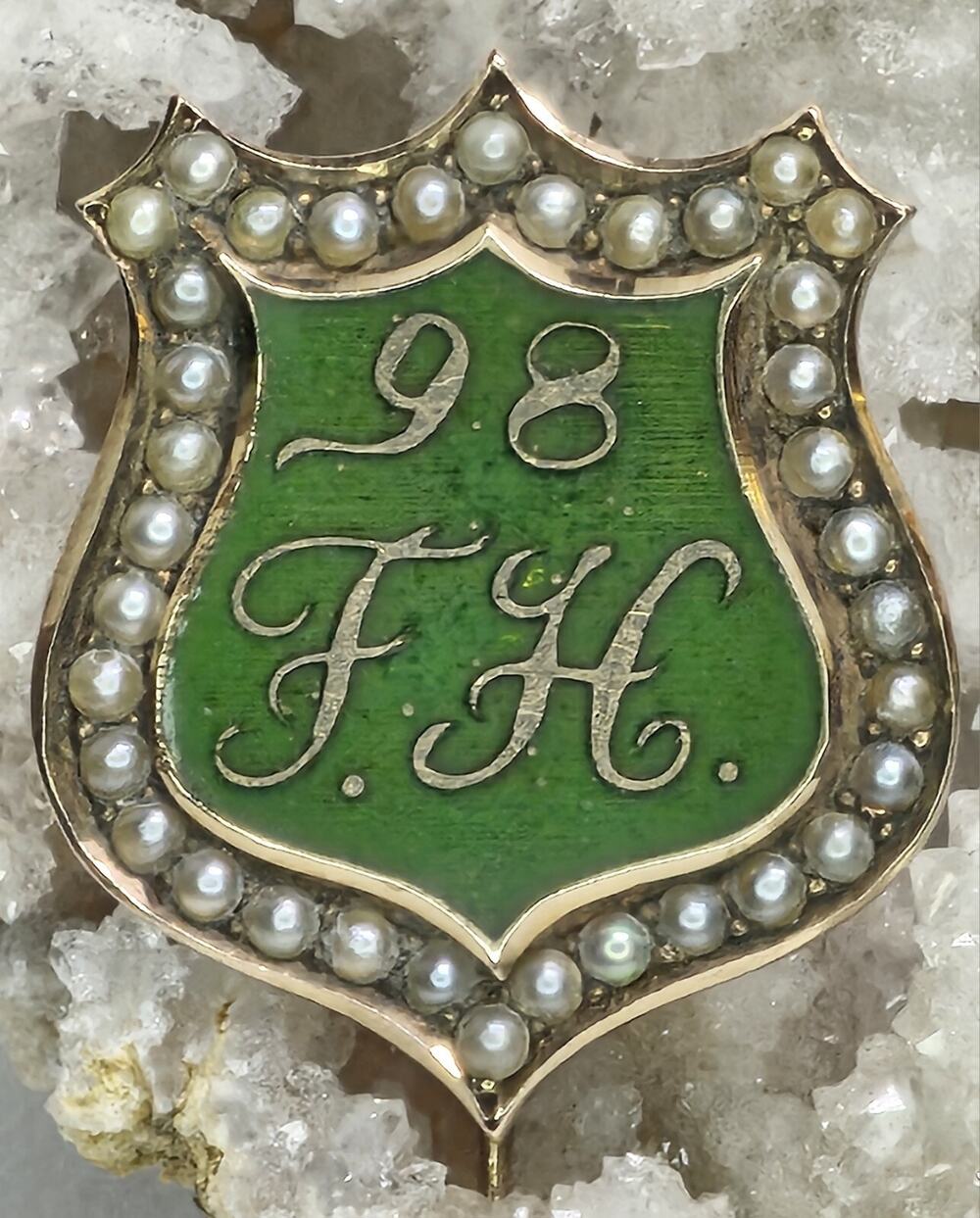 Antique 1898 Solid 9k Yellow gold Shield Pin - Green Enamel & Seeded Pearl - F.H